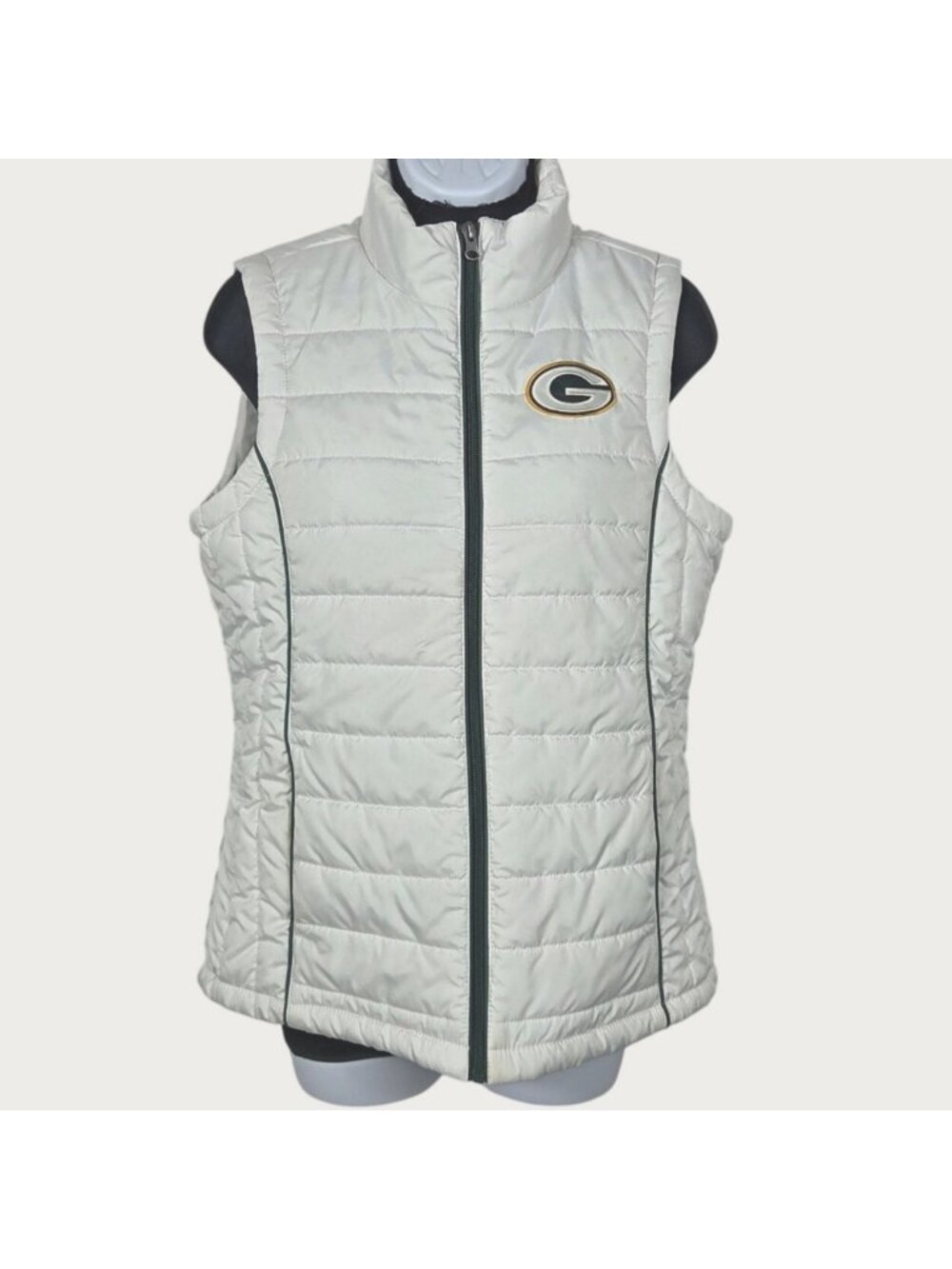 NFL Green Bay Packers Womens Quilted Puffer Vest Med White Team Logo Full Zip
